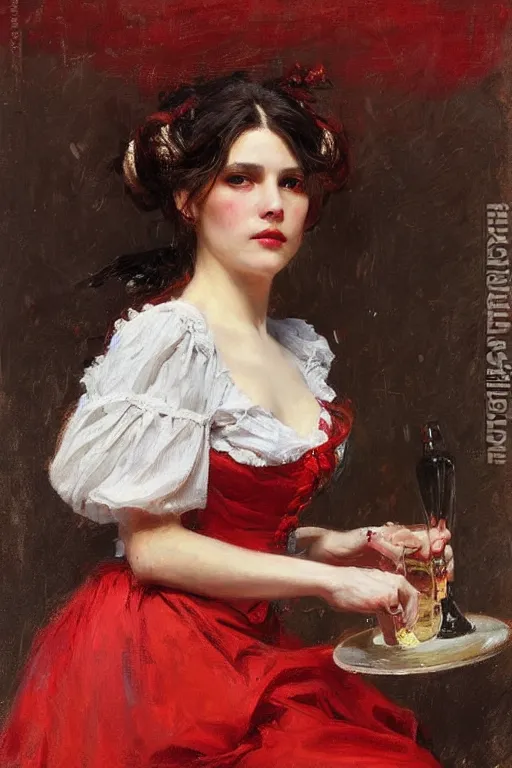 Image similar to Solomon Joseph Solomon and Richard Schmid and Jeremy Lipking victorian genre painting full length portrait painting of a young beautiful woman traditional german barmaid in fantasy costume, red background