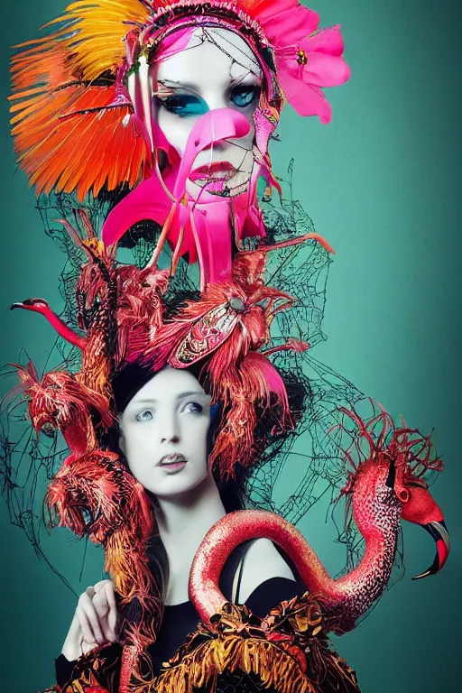 Prompt: woman with headdress, alexander mcqueen, flamingo baroque style, panfuturism, clockwork, floral, spider web, epic, hybrid, extravagant, retro futuristic, bold natural colors, masterpiece, trending on artstation, photography