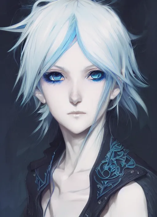 Image similar to highly detailed anime krenz cushart portrait art of a half skull face, white hair, black and blue eyes, white shirt, ross tran, vd, intricate, digital art, sharp focus, illustration, alphonse mucha