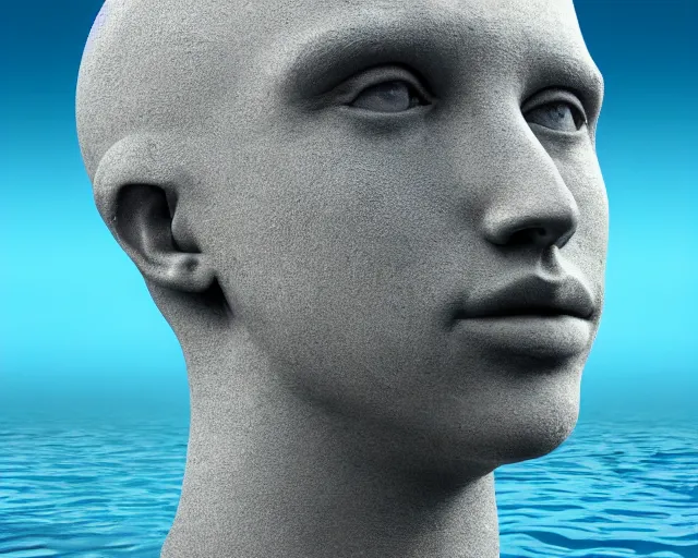 Image similar to a giant sculpture in the ocean of a human head, hyper - realistic, very detailed, realistic water, ray tracing, 8 k resolution, long - shot, sharp focus, low angle, 8 5 mm photograph, wide lens