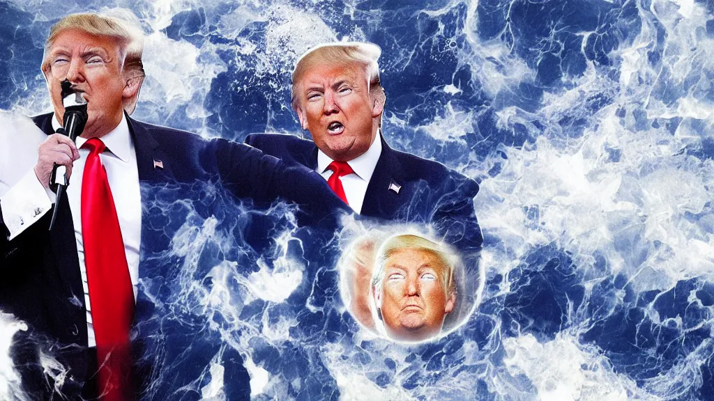 Image similar to donald trump in trumpwave apotheosis poster