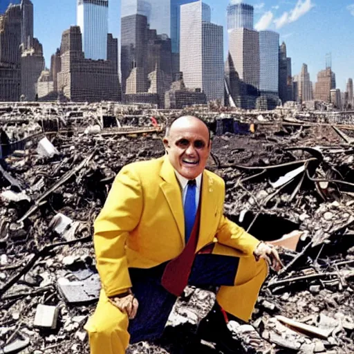 Image similar to a wide shot of a very drunk evil Rudy Giuliani squatting smiling wearing a yellow speedo on top of the world trade center rubble pile in new york