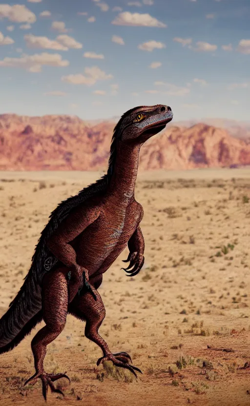 Image similar to a utahraptor in desert, photo, realistic, 3 5 mm, 4 k