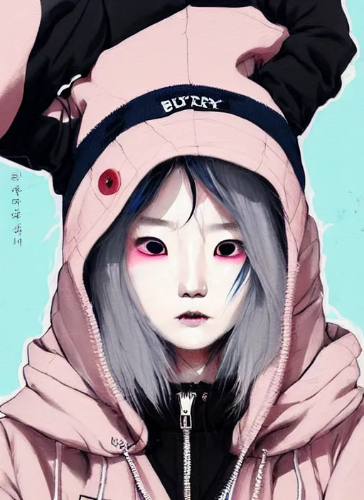 Image similar to highly detailed portrait of a korean sewer punk lady student, blue eyes, burberry hoody, hat, white hair by atey ghailan, by greg tocchini, by kaethe butcher, gradient pink, black, brown, cream and light blue color scheme, grunge aesthetic!!! ( ( graffiti tag wall, plain white background ) )