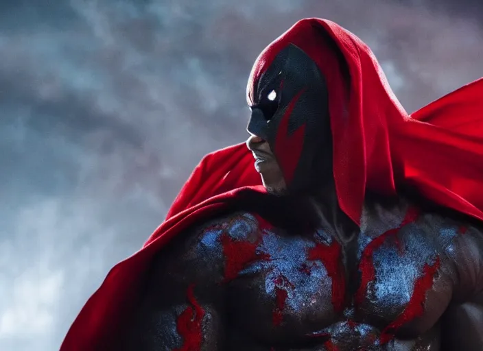 Image similar to film still of michael b jordan as spawn in the new spawn movie, giant chains, large cape, 8 k