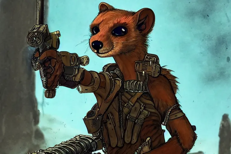 Image similar to a good ol'weasel fursona ( from the furry fandom ), heavily armed and armored facing down armageddon in a dark and gritty version from the makers of mad max : fury road. witness me.