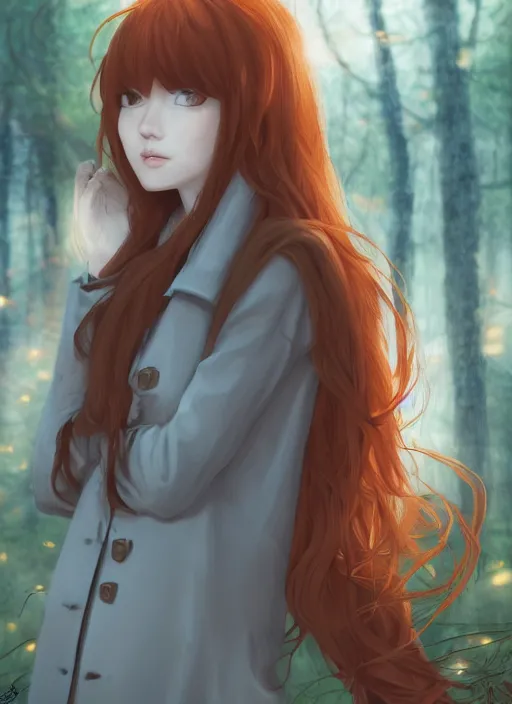 Prompt: illustration by tatsuki fujimoto, girl with fox ears, long wavy orange hair, light brown trenchcoat, forest background, focus on face, pretty, moody lighting, painterly