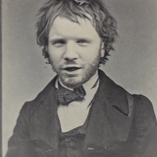 Image similar to daguerreotype ambrotype of scruffy - looking old ed sheeran in a dirty mining uniform, highly detailed,