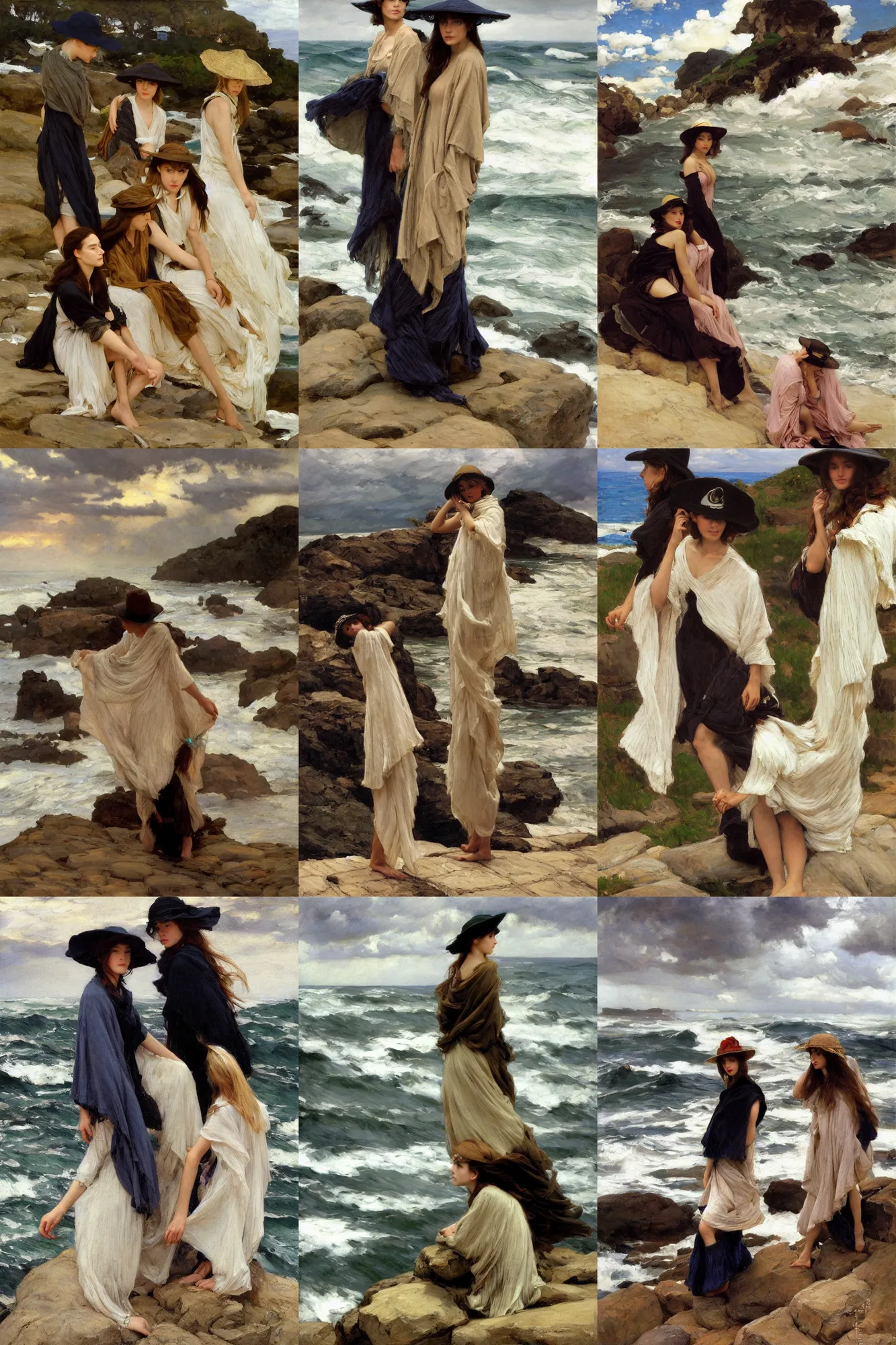 Prompt: dramatic light, thunder clouds in the sky, stormy sea by frederick judd waugh, simple form, brutal shapes, portrait of group of fashionable young womans wearing rich jewerly hat and boho poncho, pixiv, lying pose on stones, 1970s fashion, anime, studio ghiblil, artwork by Joaquin Sorolla and john william waterhouse and Denis Sarazhin and James Jean and klimt and rhads and van gogh and Dean Ellis and Detmold Charles Maurice