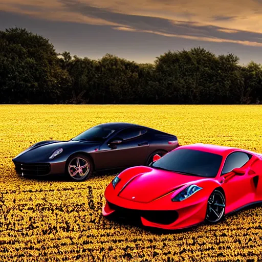 Prompt: cinematic fast sportscar reminiscent of ferrari and porsche in a lush field, shiny, red, beautiful lighting, photorealistic, sharp, sunset, by scott robertson