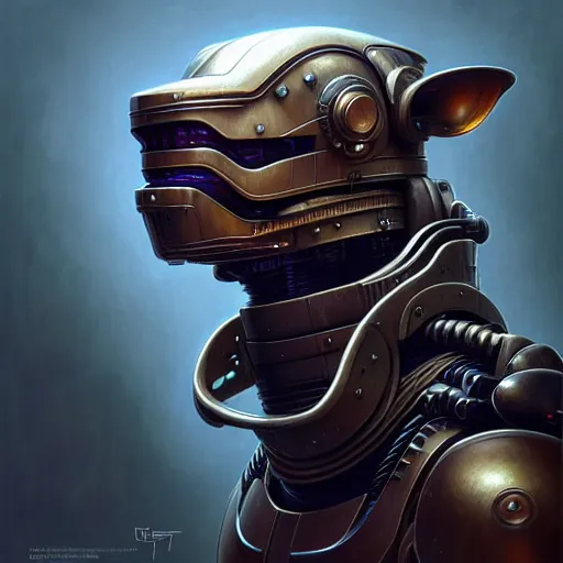 Image similar to low angle portrait shot of a cyberpunk dog robot, intricate, elegant, highly detailed, centered, digital painting, artstation, concept art, smooth, sharp focus, illustration, artgerm, Tomasz Alen Kopera, Peter Mohrbacher, donato giancola, Joseph Christian Leyendecker, WLOP, Boris Vallejo