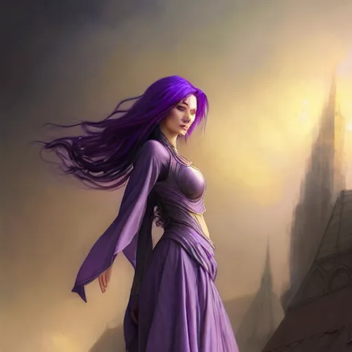 Prompt: purple haired mage, full body portrait, gentle, cloth, female, city landscape, d & d, fantasy, intricate, elegant, highly detailed, digital painting, purple and gold color palette, artstation, octane render, concept art, matte, sharp focus, illustration, herrarthstone, art by artgerm and greg rutkowski and alphonse mucha