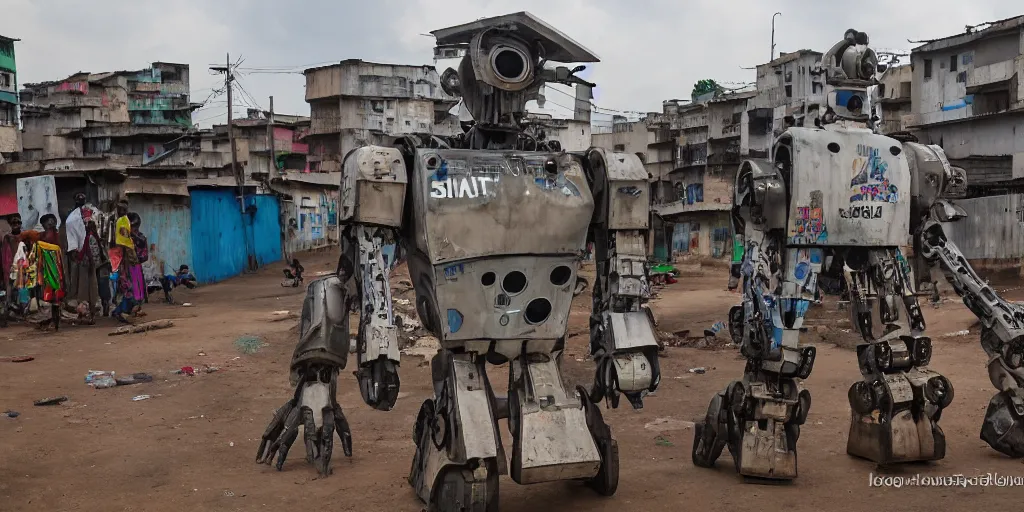 Prompt: giant mecha ROBOT of AJEGUNLE SLUMS of Lagos, writings and markings on robot,