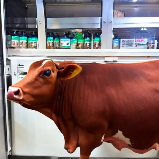 Prompt: an entire cow in the fridge ready to be grilled on a bbq