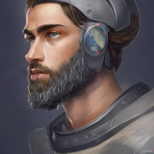 Image similar to portrait of a Germanic man with a beard and flight suit, D&D, sci-fi, elegant, hopeful, muscular, highly detailed, digital painting, artstation, concept art, smooth, sharp focus, illustration