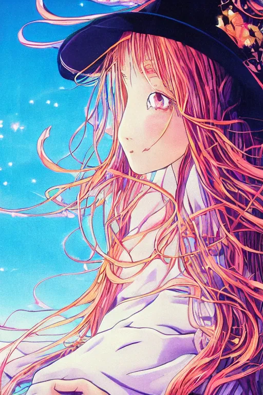 Prompt: portrait of a young witch, witch hat, flowing hair, kyoto animation, yoshitoshi abe, loish, murata range, synthwave, cosmic, kawaii, big anime eyes,studio lighting, manga, anime, 1980s, yoshitaka amano, vibrant, beautiful,28mm lens, gradation, jean giraud, ((fantasy background))