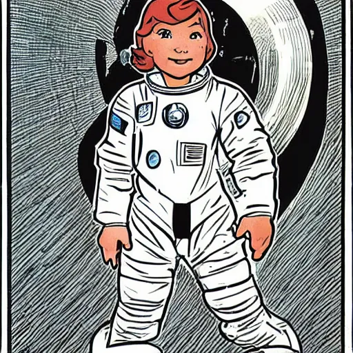 Image similar to a cute little boy with a mischievous face and short ginger hair. he is dressed as an astronaut. well composed, clean elegant painting, beautiful detailed face. comic book art by steve ditko and jack kirby and ( alphonse mucha )