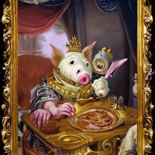 Image similar to pig wearing gold crown eating polish sausage, Realistic, Regal, Refined, Detailed Digital Art, Michael Cheval, Walt Disney (1937), François Boucher, Oil Painting, Steampunk, Highly Detailed, Cinematic Lighting, Unreal Engine, 8k