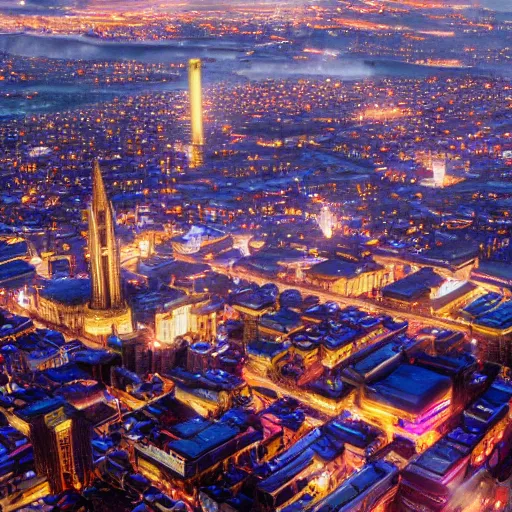 Prompt: a photo of 8k ultra realistic aerial photo of victorian era manchester, giant pink crystal that fell from the sky, intricate white and gold neon, ornate, cinematic lighting, trending on artstation, 4k, hyperrealistic, focused, high details, unreal engine 5, cinematic