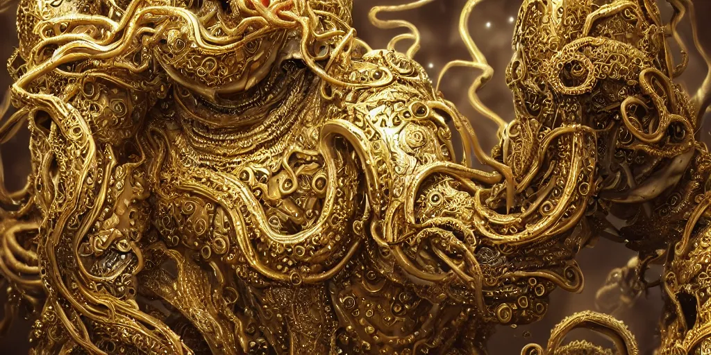 Prompt: a photo of 8k ultra realistic close up of a corrupted lovecraftian golden humanoid queen, 8 intricate white and gold tentacles, ornate white and gold armour, cinematic lighting, trending on artstation, 4k, hyperrealistic, focused, high details, unreal engine 5, cinematic, masterpiece