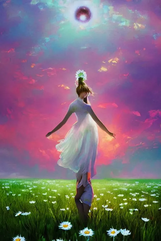 Image similar to giant white daisy flower over head, girl dancing in a flower field, surreal photography, sunrise, dramatic light, impressionist painting, colorful clouds, digital painting, artstation, simon stalenhag