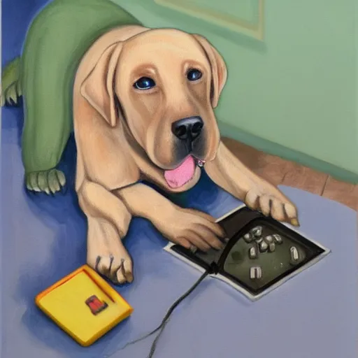 Prompt: a painting of a humanoid labrador trying to fix broken electronics