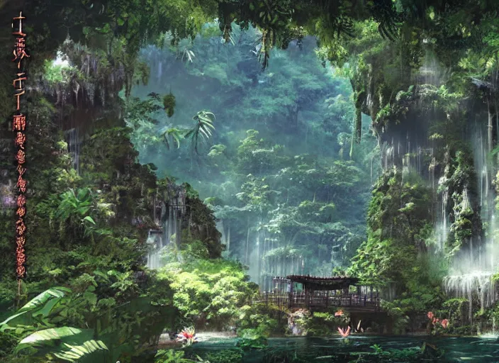 Image similar to Fantasy tropical forest temple. hidari, color page, tankoban, 4K, tone mapping, Akihiko Yoshida.