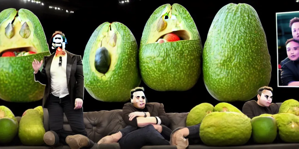 Image similar to elon musk inside of a giant avacado, elon musk sitting in a realistic avacado, hyper realistic, cinematic photogtaphy, fruit celebrity, avacado dream, elon musk dreams of sitting inside of avacados, avacado chairs, avacado halloween costumes, in a boxing ring, photography, cinematic lighting, dramatic feeling