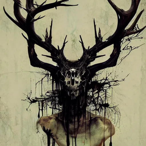 Image similar to leshen with deer skull deer antlers by emil melmoth zdzislaw belsinki craig mullins yoji shinkawa realistic render ominous detailed photo atmospheric by jeremy mann francis bacon and agnes cecile ink drips paint smears digital glitches glitchart