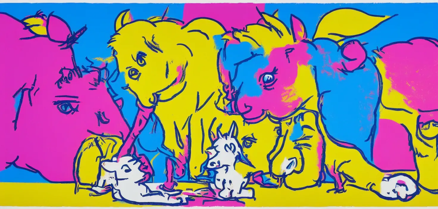 Prompt: a unicorn and a mouse on a sugar rush, colourful, bright, cheery, andy warhol, ralph goings