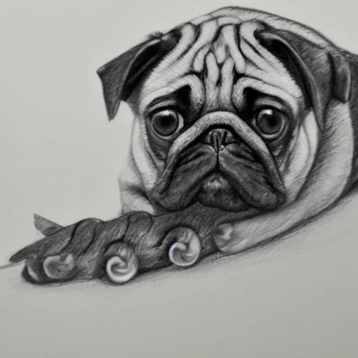 Image similar to sketchbook pencil drawing of a pug centipede, photo