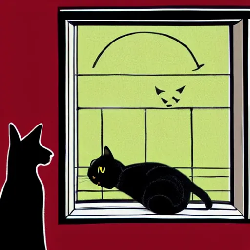 Image similar to a giant black cat with yellow eyes looking through a window at a sleeping blonde girl