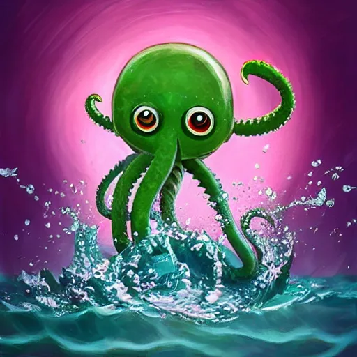 Image similar to cute baby cthulu splashing in the ocean, trending on artstation