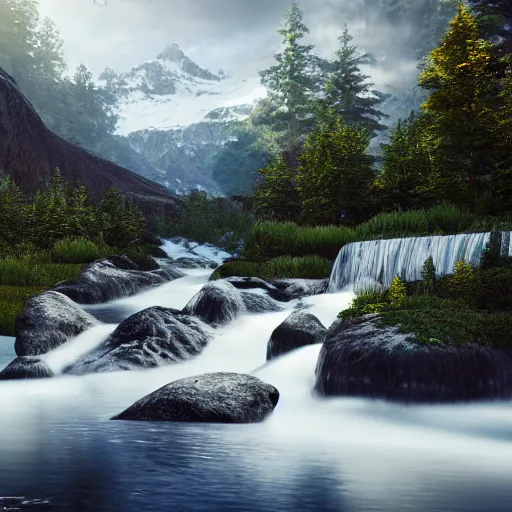 Image similar to fresh water stream with mountain range in the background, highly detailed, 4k, HDR, award-winning, octane render, artstation