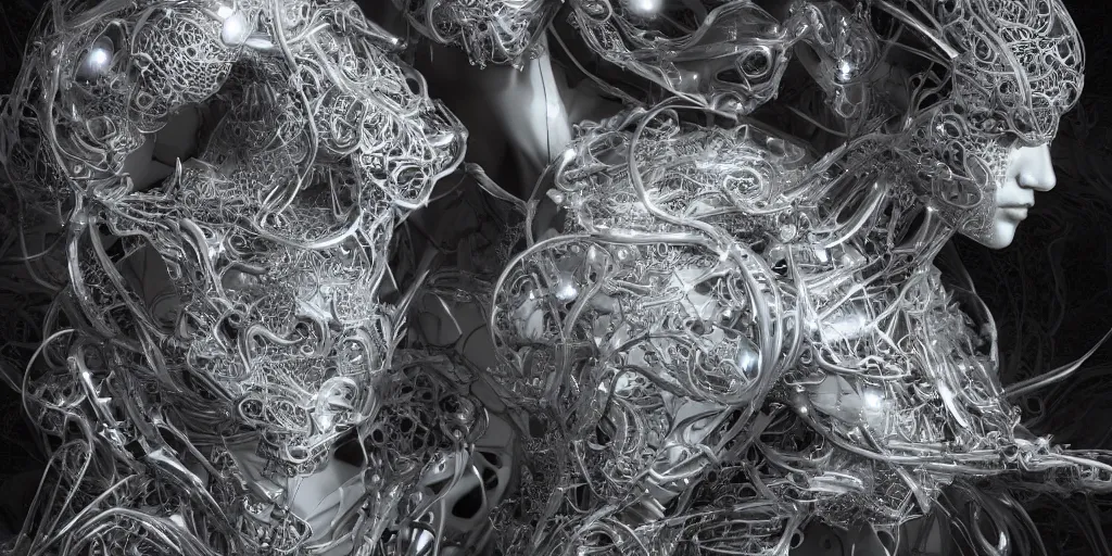 Image similar to hyperrealistic photography of a stunningly beautiful cyborg male, consciences being installed sci - fi, intimate, intricate filigree, fibonacci, in the style of beth cavener, jin kagetsu, and wlop, highly detailed, chrome face symmetry, masterpiece, award winning, sharp focus, concept art, high key, ambient lighting, 8 k, octane render,