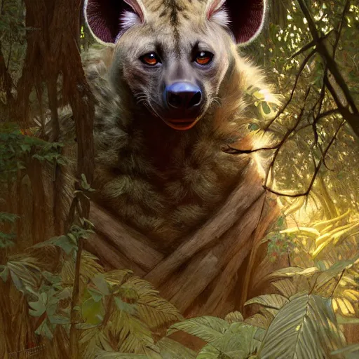 Prompt: photo of a humanoid hyena were a dress in the forest, highly detailed, digital painting, artstation, smooth, sharp focus, illustration, art by artgerm and greg rutkowski and alphonse mucha