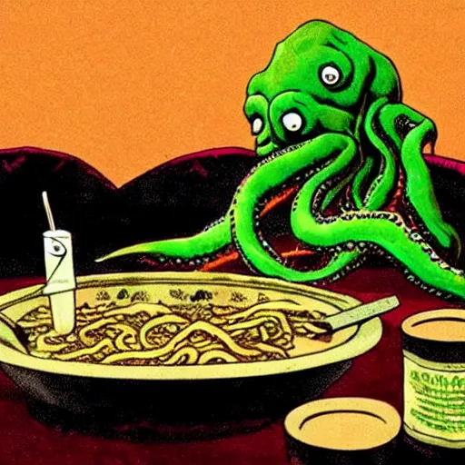 Prompt: Cthulhu monster using its tentacle sitting at table eating ramen H.P. Lovecraft