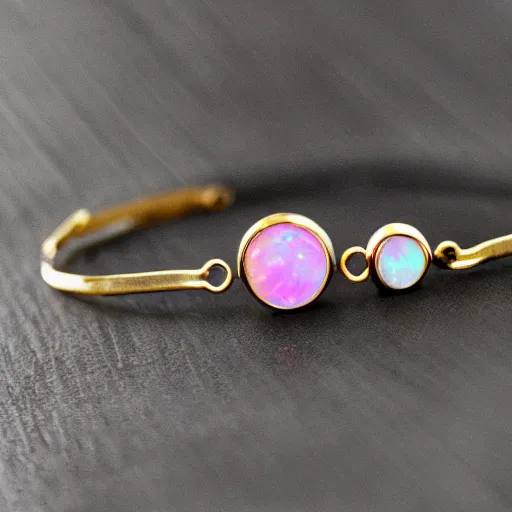 Prompt: 4K Gold collar neckless , Single Center sinister gem opals pink gem, Shungite Bangle, Mineral and Gold Jewelry, Product Photography