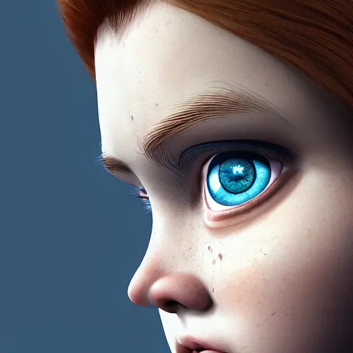 Image similar to hyperrealistic baby big blue eyes thin auburn hair big cheeks, stunning 3 d render inspired by istvan sandorfi & greg rutkowski & mike judge, perfect symmetry, dim volumetric cinematic lighting, 8 k octane comprehensive render, extremely mega hyper - detailed and lifelike attributes & atmosphere, intricate, realistic flesh texture, masterpiece, artstation, stunning,