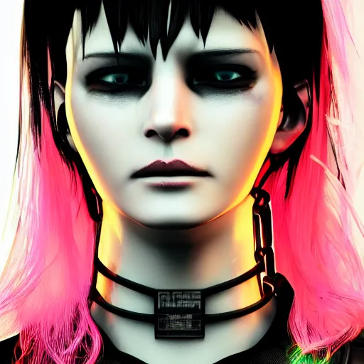 Prompt: detailed realistic cyberpunk female character cyberpunk wearing large steel collar around neck, realistic, art, beautiful, 4K, collar, choker, collar around neck, punk, artstation, detailed, female, woman, choker, cyberpunk, neon, punk, collar, choker, collar around neck, thick collar, choker around neck, wearing choker, wearing collar, bright neon punk hair, collar, choker,