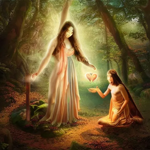 Prompt: “the goddess of love and her daughter making a ritual in a magical forest, sharp focus, detailed, digital art, extra detail, HD, fantasy, 8k”