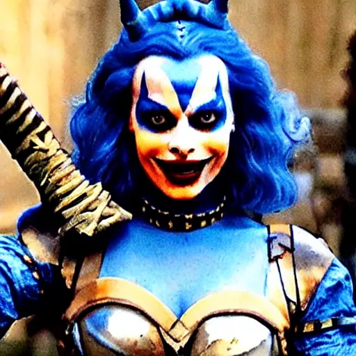 Image similar to photo of Margot Robbie as a jester warrior with weapons