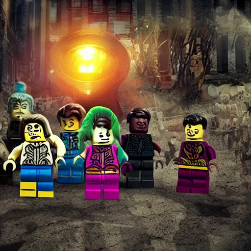 Image similar to zombies chasing Lego Dr Who, cinematic photography, concept art, cinematic