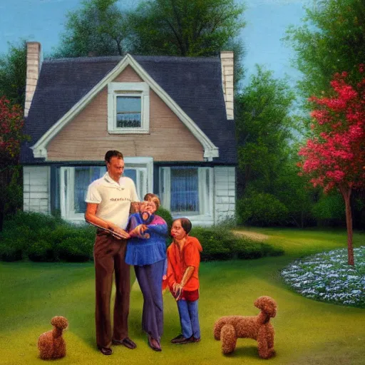 Prompt: mom, dad and baby standing in front of a 1960's farm house, with A brown poodle running around, in the style of thomas kincade