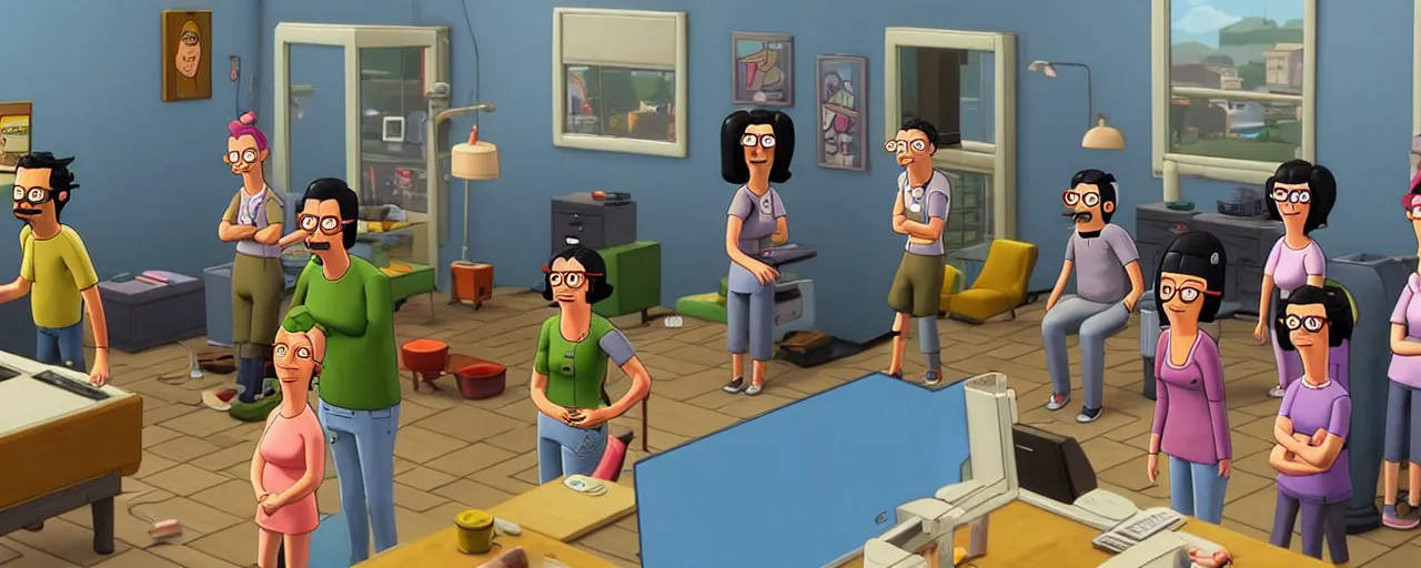 Prompt: cast of bob's burgers in the computer game the sims, tilt shift, volumetric lighting, computer graphics