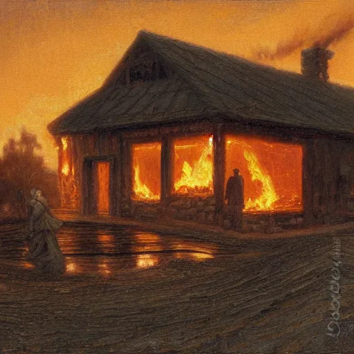 Image similar to a mysterious woman standing in front of a burning stone house with a wooden roof. Nighttime, embers everywhere, backlit, in the style of Donato Giancola