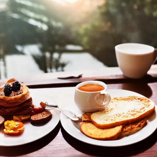 Image similar to The perfect breakfest, photograph, 4k, morning light