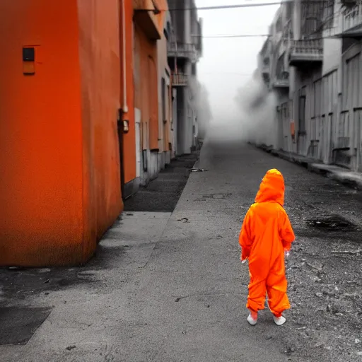Prompt: a child wearing an orange hazmat suit on a post-war era street, dark smoke in the background, filthy streets, broken cars. Vines growing. Jpeg artifacts. Award-winning photo. Samyang/Rokinon Xeen 50mm T1.5