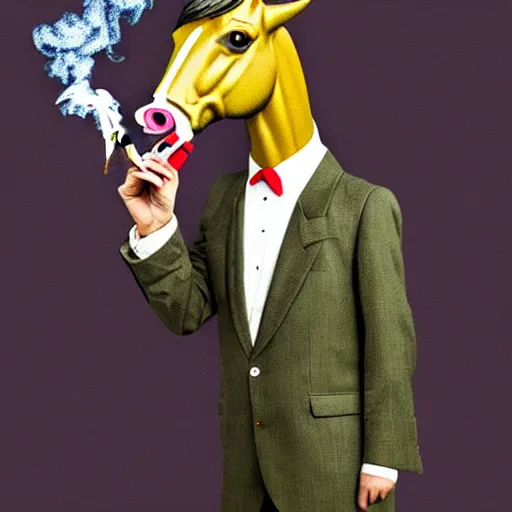 Image similar to an antropomorphic horse wearing a suit smoking a cigar