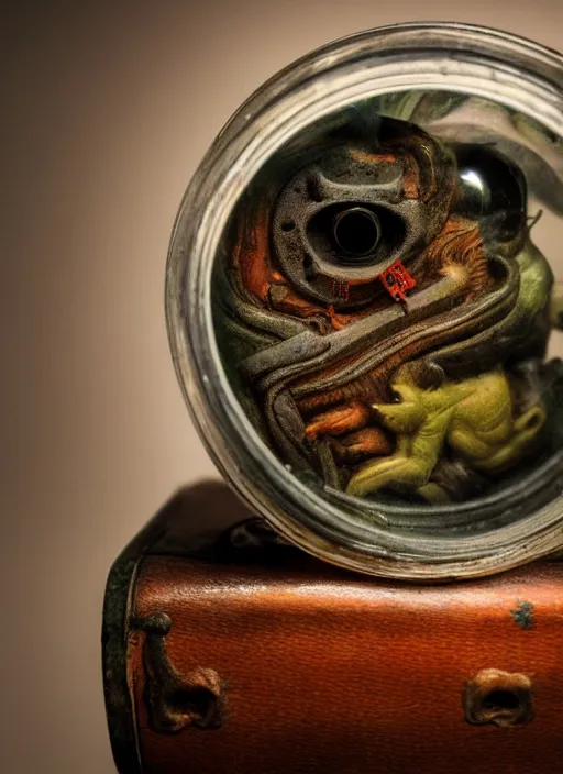 Image similar to enclosed ecosystem of ancient chinese myth lifeforms, animals, creatures, human, monster, delicious, vintage movie camera, in a jar, museum, frostbite 3 engine, portrait, 8 k post - processing, highly detailed